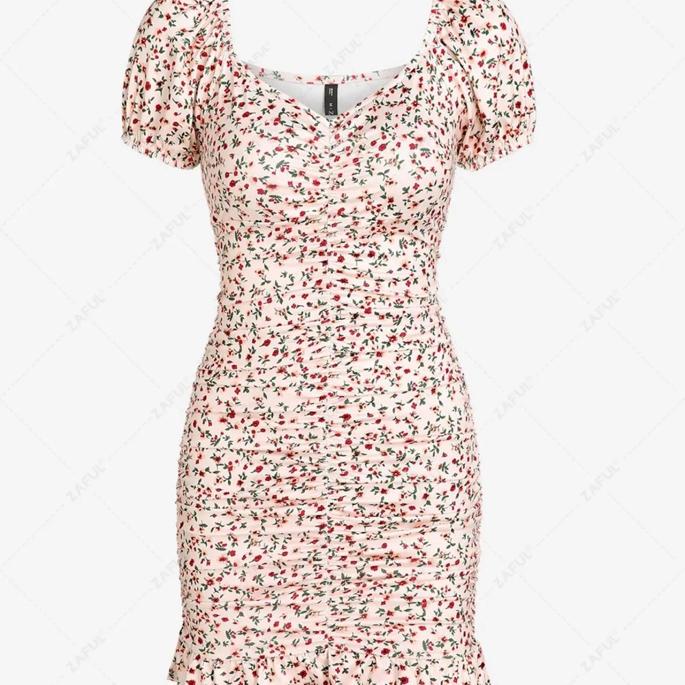 ZAFUL puffed sleeve Ruched mini mermaid floral dress